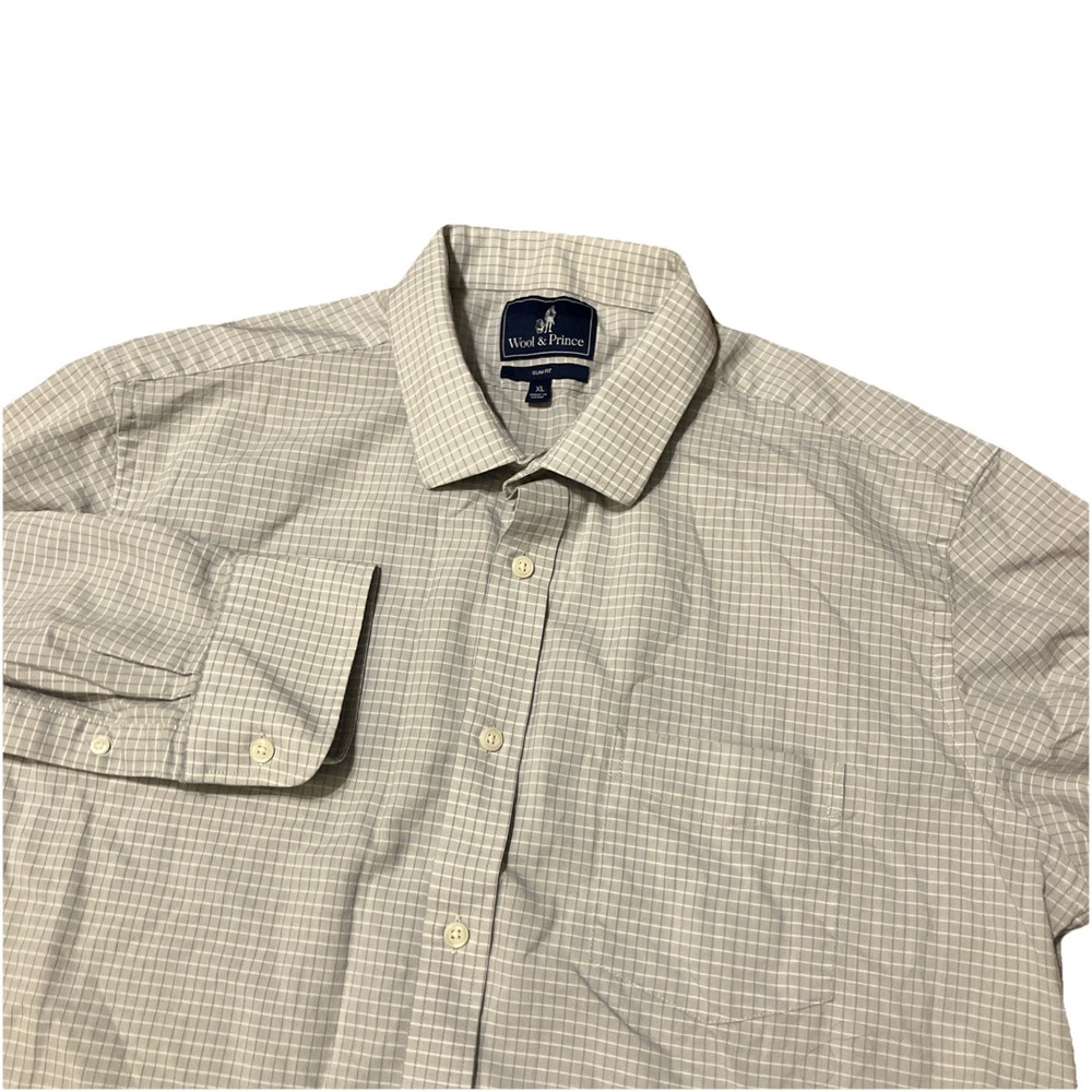 Wool & Prince Shirt Men's XL SLIM Gray Check Button Up‎ 100% Wool Oxford